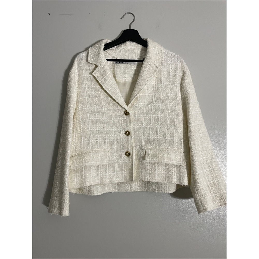 Zara Womens Cream Textured Tweed Blazer Gold Button Jacket Size M